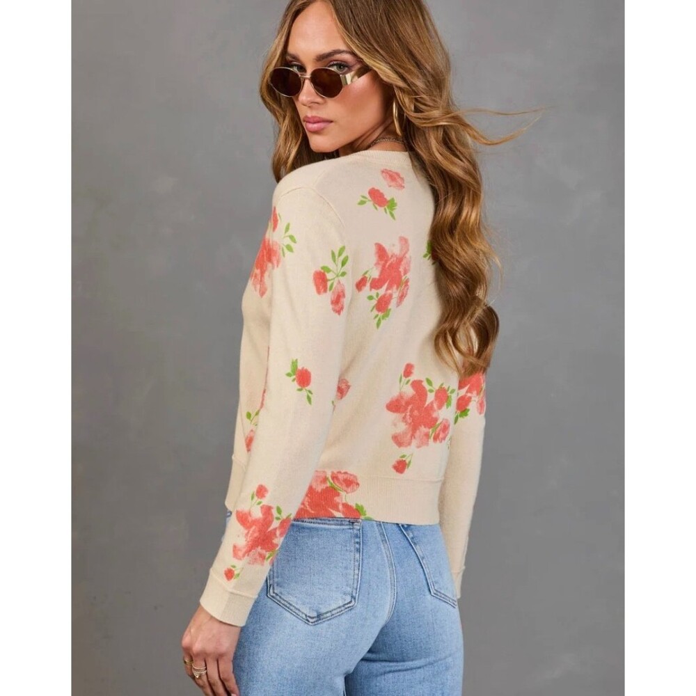 VICI Saddle Rose Knit Floral Cardigan Small Cream Coral Button Front Long Sleeve - Picture 3 of 15